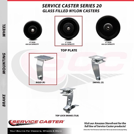 Service Caster 5 Inch Glass Filled Nylon Caster Set with Roller Bearings 2 Brakes 2 Rigid SCC SCC-20S520-GFNR-TLB-2-R-2